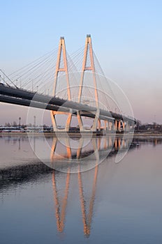 Cable stayed bridge and Neva river.