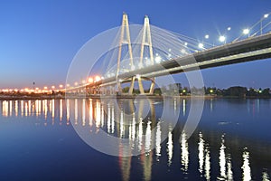 Cable-stayed bridge at night, St.Petersburg.