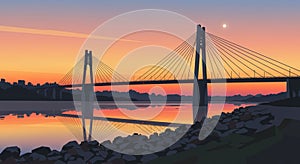 Cable-stayed bridge spans a calm river at sunset, with its reflection visible in the
