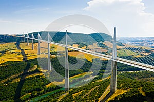 Cable-stayed Millau Viaduct spanning Tarn River valley, France