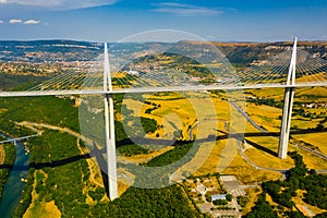 Cable-stayed Millau Viaduct spanning Tarn River valley, France