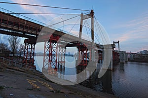 Cable-stayed Rybalskii bridge. Bridge across the harbor of the Dnieper. Opened on September 23, 1963. Was the world`s first cable
