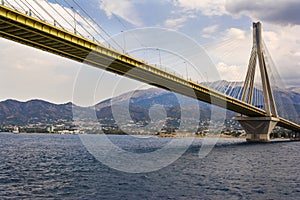 Cable-stayed suspension bridge crossing Corinth Gulf strait, Greece