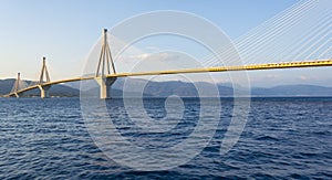 Cable-stayed suspension bridge crossing Corinth Gulf strait, Greece