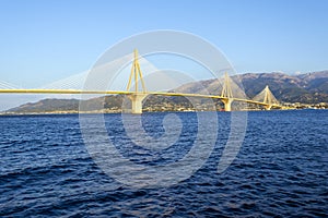 Cable-stayed suspension bridge crossing Corinth Gulf strait, Greece