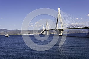 Cable-stayed suspension bridge crossing Corinth Gulf strait, Greece