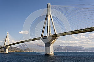 Cable-stayed suspension bridge crossing Corinth Gulf strait, Greece