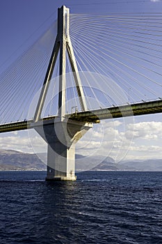 Cable-stayed suspension bridge crossing Corinth Gulf strait, Greece