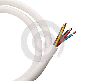 Cable with stripped wires on white background