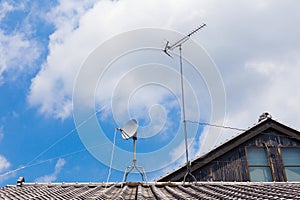 Cable TV antenna on Japanese house rooftop