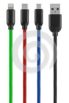 cable with Type-C microUSB USB Lightning connector, on white background