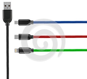 cable with Type-C microUSB USB Lightning connector, on white background