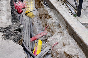 Cable underground during works electrical gas and telecommunications cables and water pipes on the street