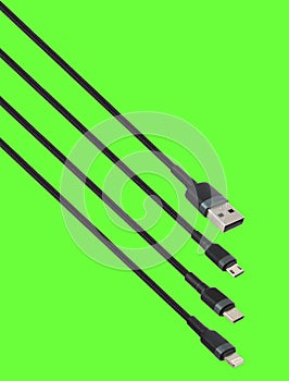 Cable with USB, micro USB, Lightning and Type-C connector, on a green background