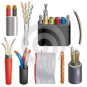 Cable vector cabled wire connection technology network illustration realistic 3d set of electrical cabling internet