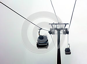 The cable-way cab moves in the fog