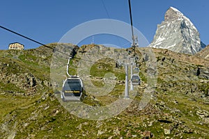 Cable way to mount small Matterhorn over Zermatt in the Swiss alps