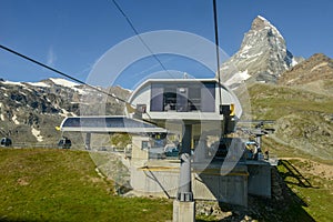 Cable way to mount small Matterhorn over Zermatt in the Swiss alps