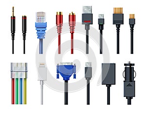 Cable wire computer video, audio, usb, hdmi, network and electric conectors and plugs vector set isolated