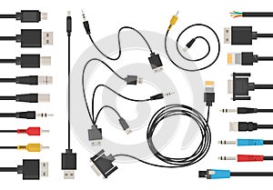 Cable wire set vector isolated. USB for computer, connection