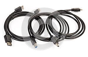 Cables of different multimedia and computers interfaces on white background