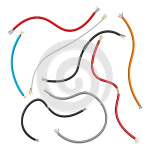 Cables multicolor ripped realistic set. Electrical conductors. Insulated building wire lengths