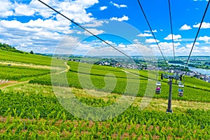 Cableway cablecar above vineyards near Rhein Rhine river in Rued