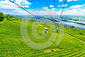 Cableway cablecar above vineyards near Rhein Rhine river in Rued