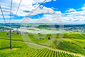 Cableway cablecar above vineyards near Rhein Rhine river in Rued