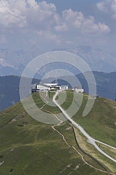 Cableway with idyllic summer mountains landscape