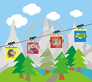 Cableway, landscape and animals, funny vector illustration