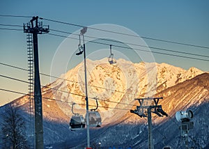 Cableway in motion in mountains Caucasus