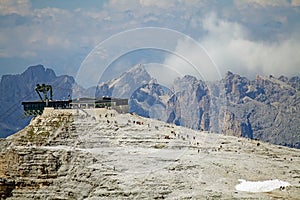 Cableway at the Sass Pordoi in the Sella group in the Dolomiltes, a mountain range in northeastern Italy