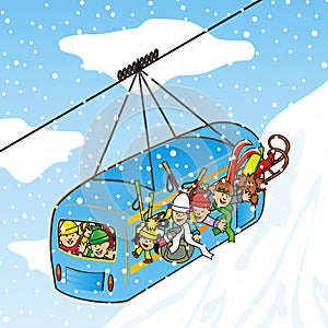 Cableway in winter, group of children, vector illustration