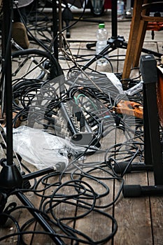 cabling on stage for the amplifier system of a rock or pop band,