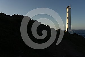Cabo (cape) Home lighthouse on the cliffs at sunset in Rias Baixas zone in Galicia coast