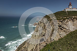 Cabo da Roca Lighthouse Portuguese: Farol de Cabo da Roca which is Portugal`s and continental Europe`s most westerly point