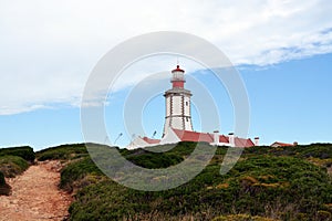 Cabo Espichel farol. Especial Cape lighthouse. Portugal. Landscape. Shipping. Help. Sky. Colorful background. Blue red green white photo