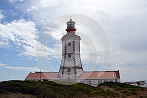 Cabo Espichel farol. Especial Cape lighthouse. Portugal. Landscape. Shipping. Help. Sky. Colorful background. Blue red green white photo