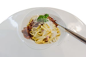 Cabonara with ham fried and cheese