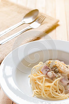 Cabonara Spaghetti served on table