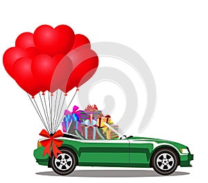 Cabriolet car full of gift boxes and bunch of red heart balloon