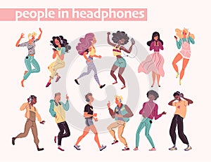 Young stylish people listening to music in headphones and earphones isolated. Multiethnic group.