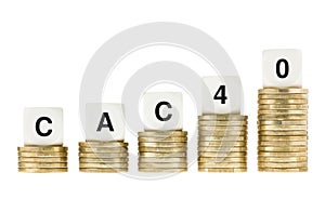 CAC 40 (Paris Stock Exchange Share Index) on Gold Coin Stacks Isolated on White