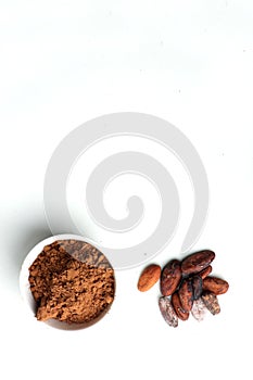 Cacao beans and a bowl of cacao powder isolated on white background. Plan view