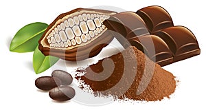Cacao beans with chocolate table and cacao powder photo