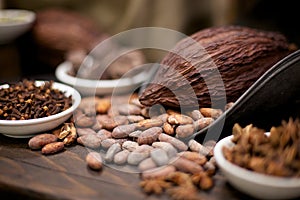 Cacao Beans, Cloves and Star Anise on a Wood Table photo