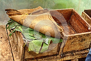 Cacao beans fermenting in a wooden box