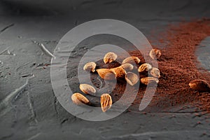 Cacao beans and powder isolated on grey background. Top view and flat lay