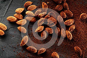 Cacao beans and powder isolated on grey background. Top view and flat lay